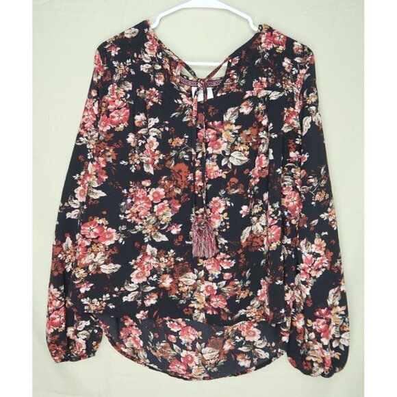 Knox Rose Smocked Top Womens Large Tassel Tie Front Black Floral Long Sleeve EUC - Picture 1 of 8